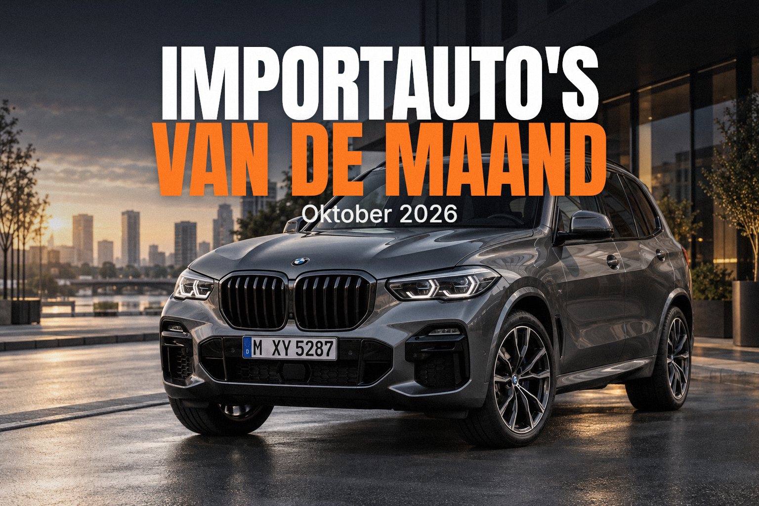 Nieuwste model BMW x5 op een rustige moderne stadsboulevard bij zacht ochtendlicht